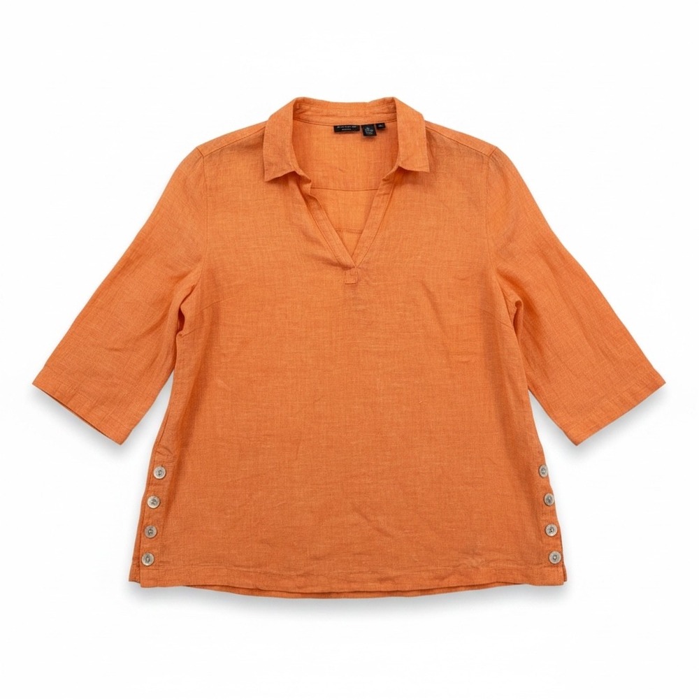 Tahari Womens 2X Orange 100% Linen Split Neck 3/4 Sleeve Side Button Blouse Top‎